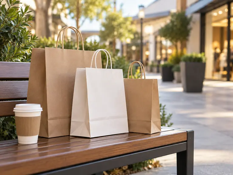 Shopping bags and coffee beside a walkway.